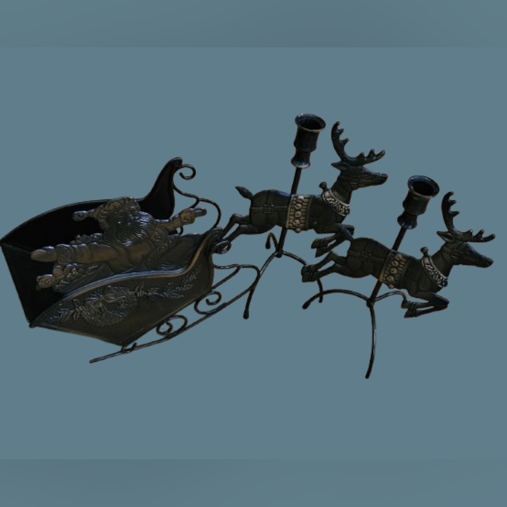 Mercuries Vintage Christmas Santa Claus Sleigh & 2 Reindeer Taper Candle Holders